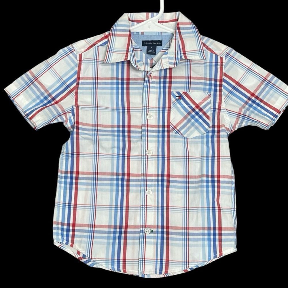 NWT! TOMMY HILFIGER Button Up Red White Blue Kids Boys Size‎ 4 New School preppy